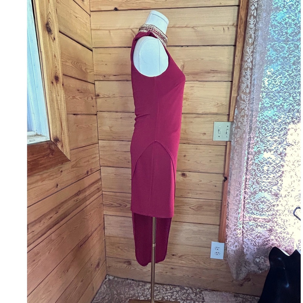 Bebe‎ Rhinestone Neck Dress Womens Small Rhubarb Red Asymmetrical Hem Mini Y2K - Picture 5 of 10